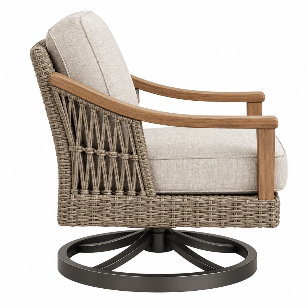 Sillón giratorio 78 x 82 x 95 cm de cuerda trenzada beige y madera para exterior estilo natural