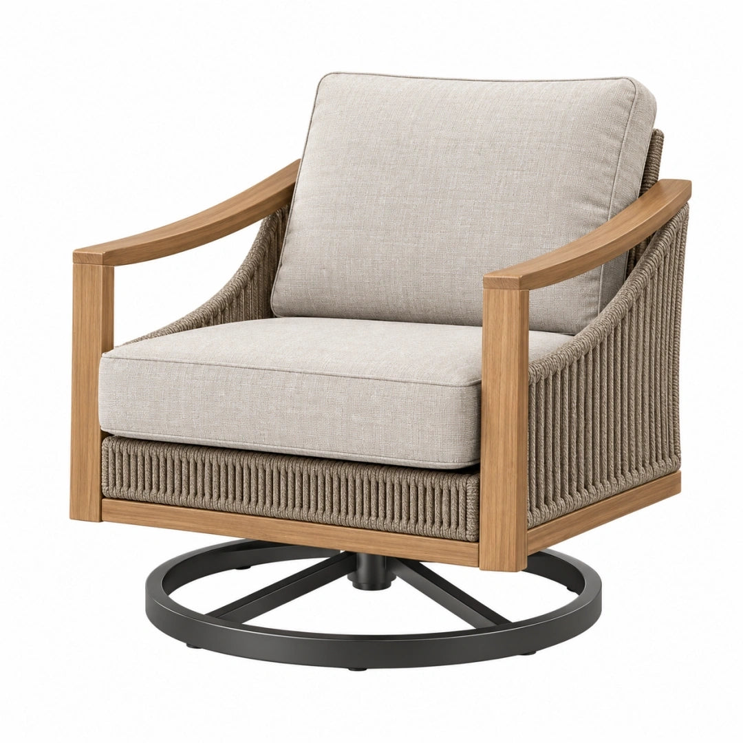 Sillón giratorio 78 x 82 x 86 cm de madera y cuerda beige estilo contemporáneo