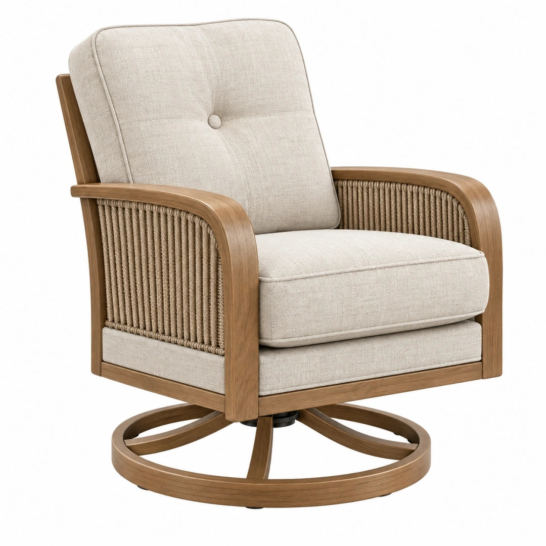 Sillón giratorio 75 x 85 x 92 cm de madera y tejido beige estilo natural