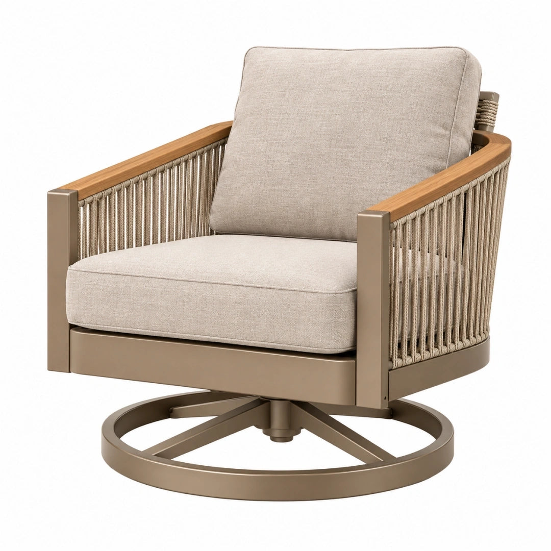 Sillón giratorio de exterior 80 x 84 x 92 cm de metal madera y cuerda beige