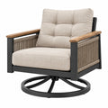 Sillón giratorio de exterior 80 x 84 x 92 cm de metal negro y cuerda beige con reposabrazos de madera