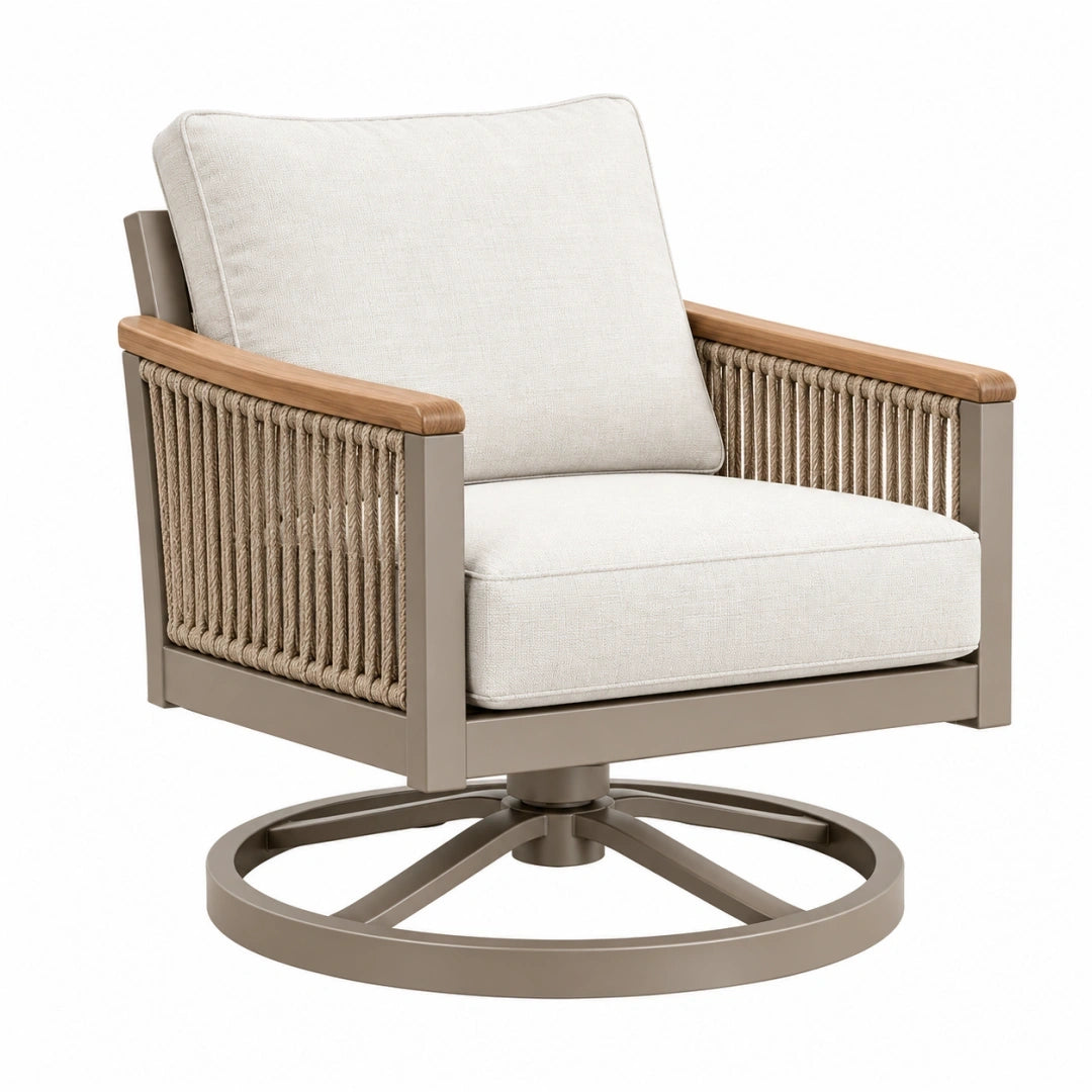 Sillón giratorio 76 x 82 x 87 cm de metal y cuerda beige para exterior