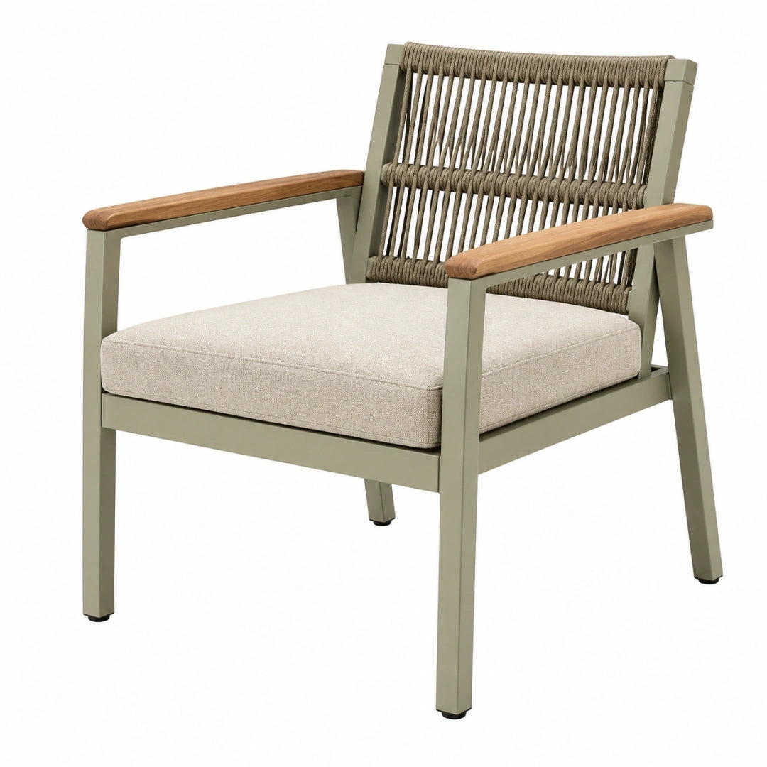 Sillón de exterior 65 x 70 x 90 cm beige y verde oliva con estructura metálica y cuerda trenzada