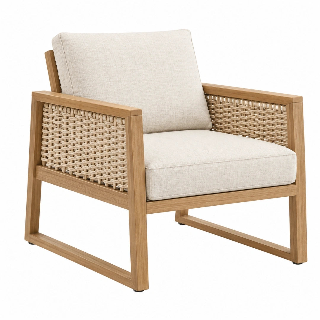 Sillón 70 x 78 x 82 cm de madera natural y tejido beige con laterales trenzados