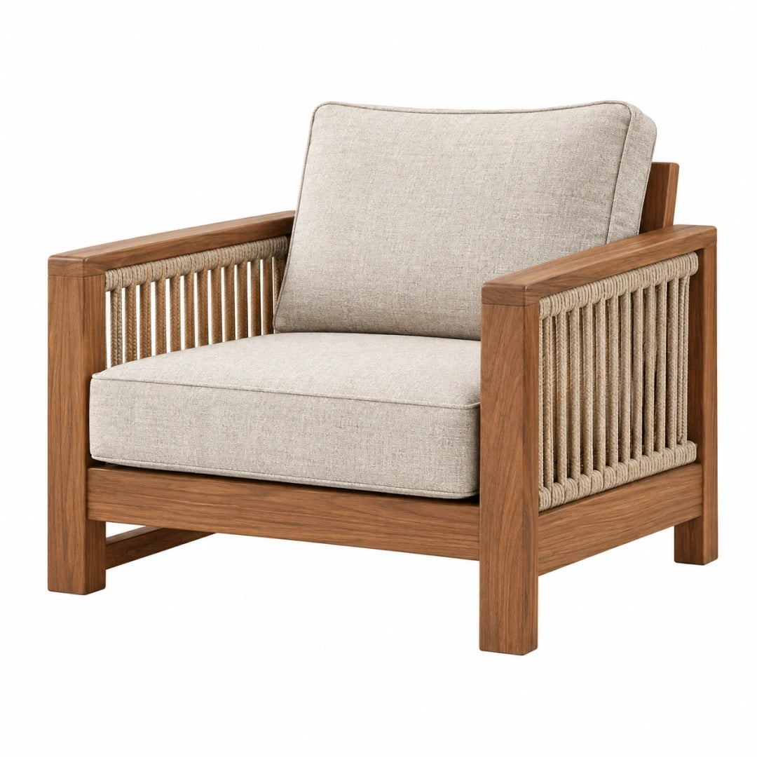 Sillón 80 x 78 x 80 cm de madera marrón con cuerda y tapizado beige de estilo natural