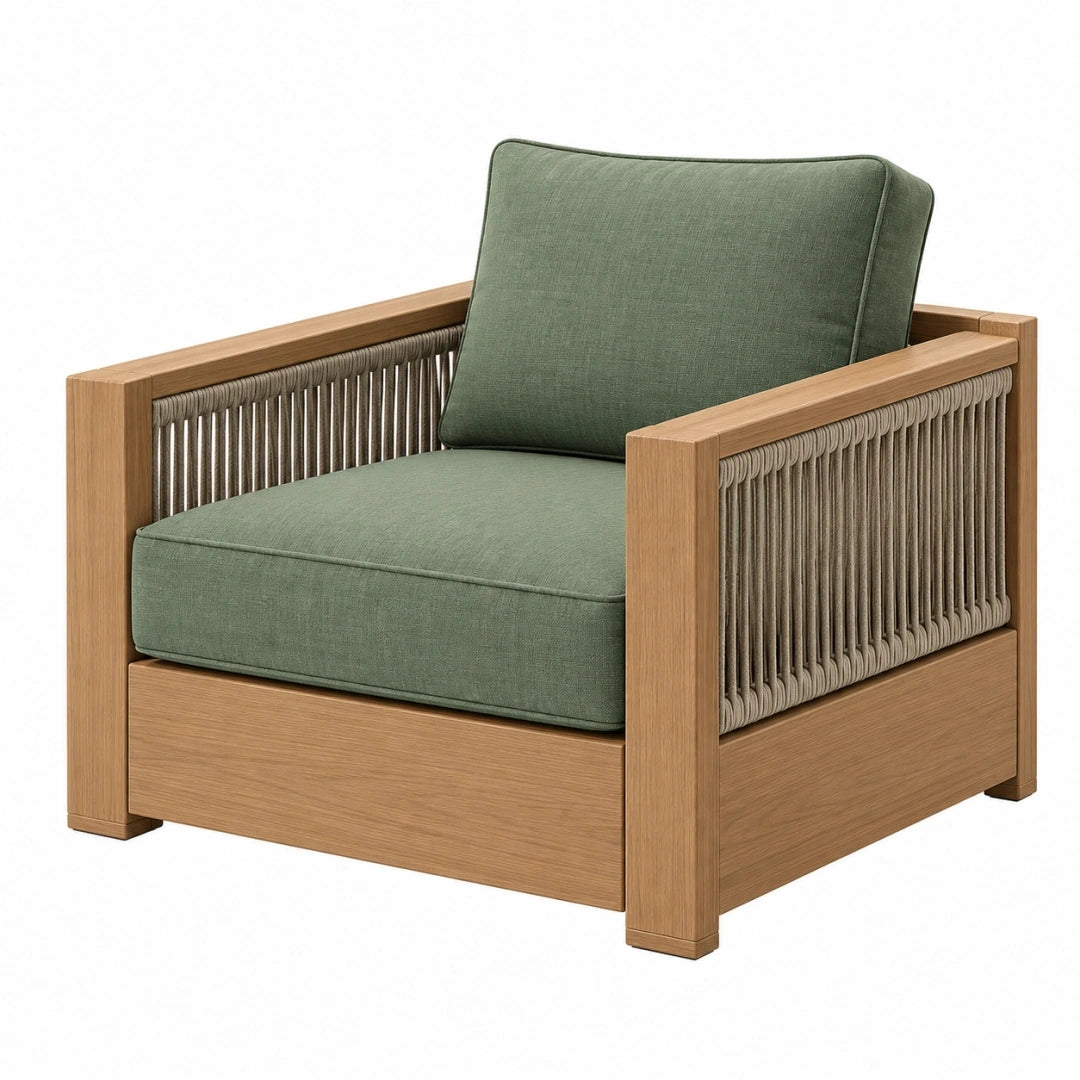 Sillón 85 x 78 x 82 cm de madera y cuerda trenzada verde estilo contemporáneo