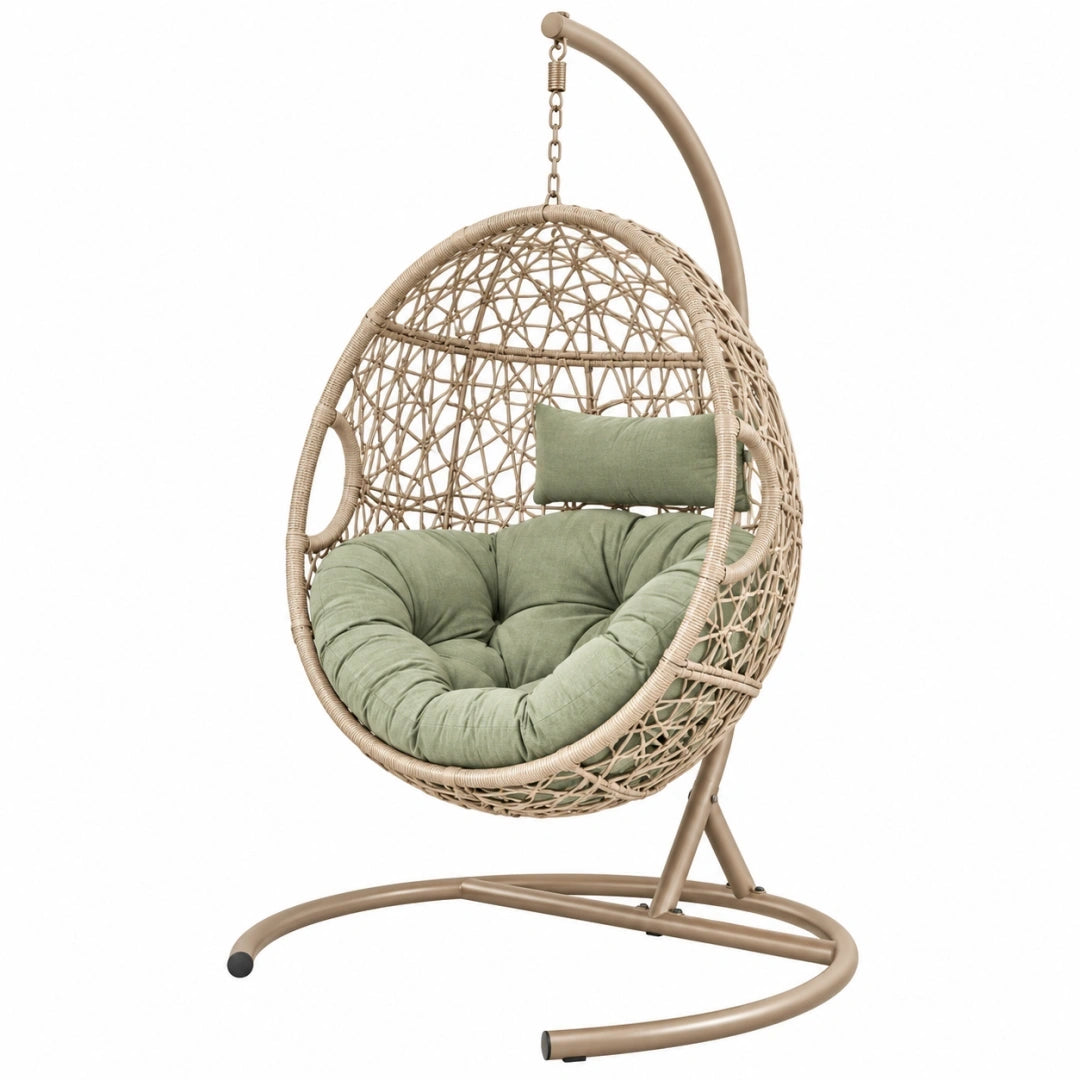 Silla colgante 105 x 105 x 195 cm de ratán beige con soporte de acero para interior y exterior