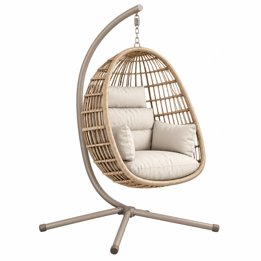 Sillón colgante 105 x 105 x 195 cm de ratán sintético beige con soporte de metal para exterior