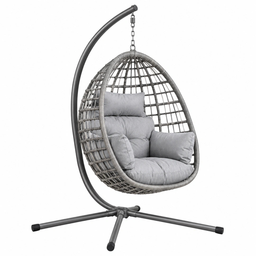 Sillón colgante 105 x 105 x 200 cm de ratán sintético gris con estructura de acero para jardín
