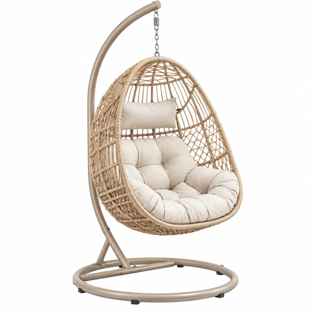 Sillón colgante 105 x 105 x 195 cm de ratán beige con soporte metálico para interior y exterior cubierto