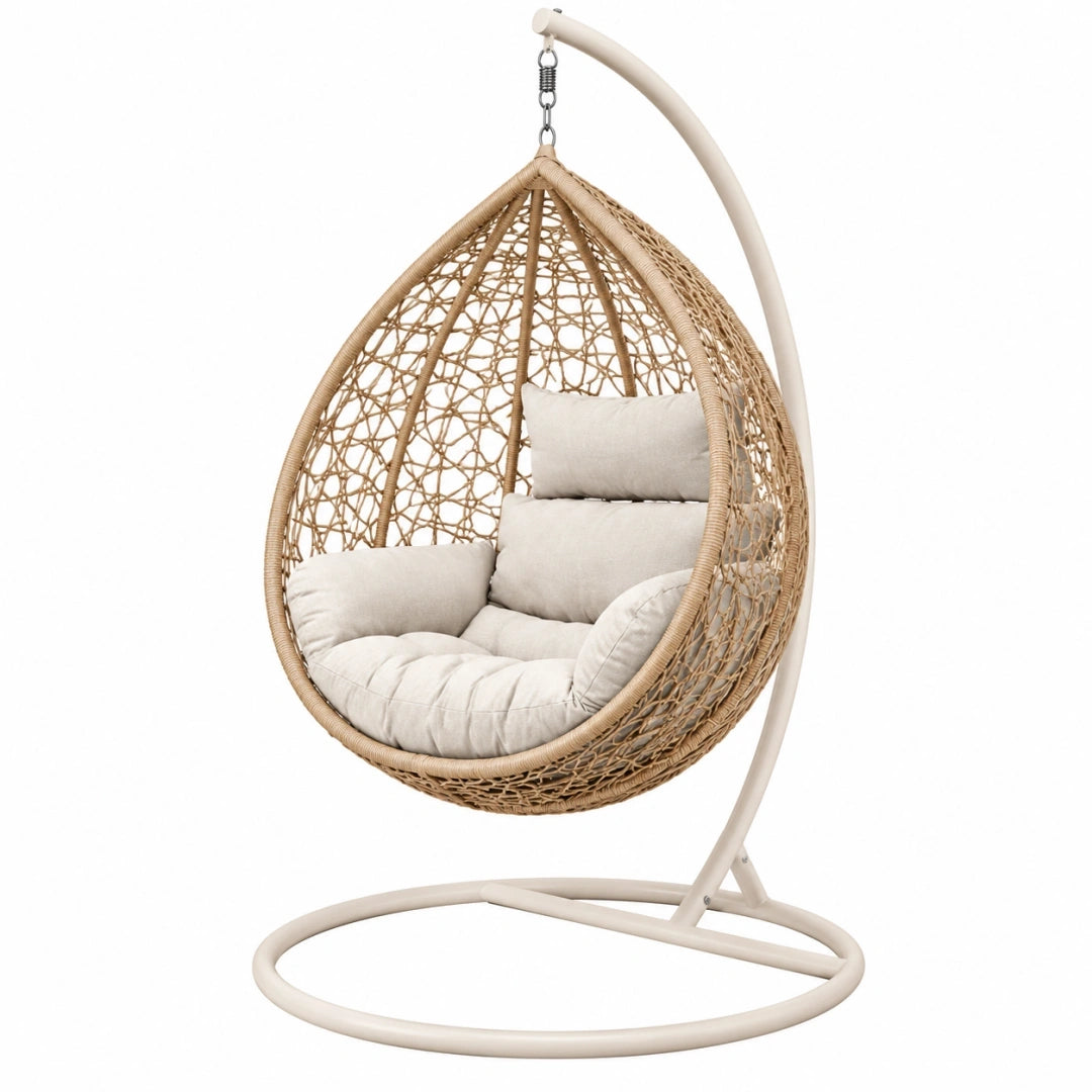 Sillón colgante 105 x 105 x 195 cm de fibra trenzada beige con soporte metálico para interior y exterior cubierto