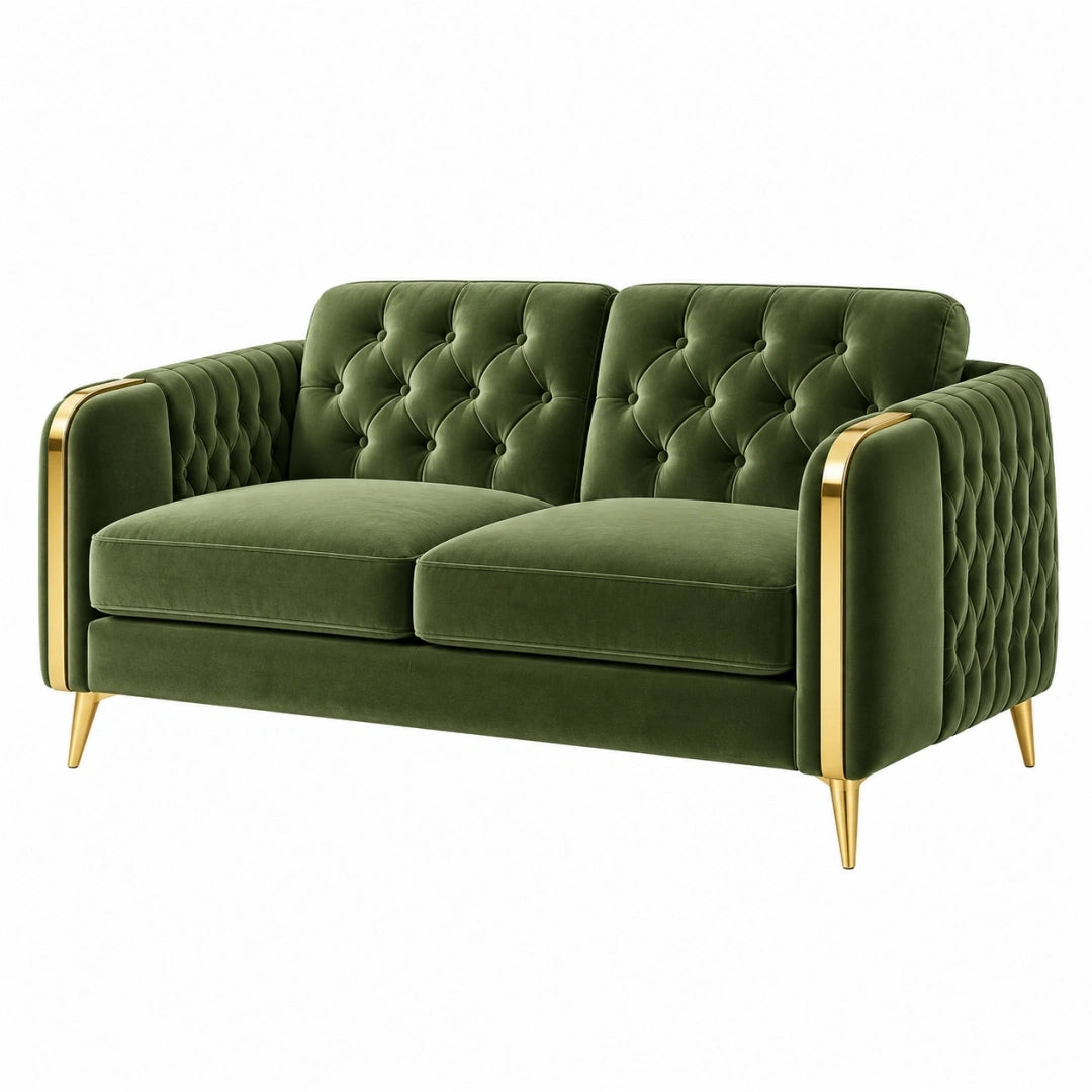 Sofá de 2 plazas 170 x 90 x 82 cm terciopelo verde con patas metálicas doradas estilo capitoné