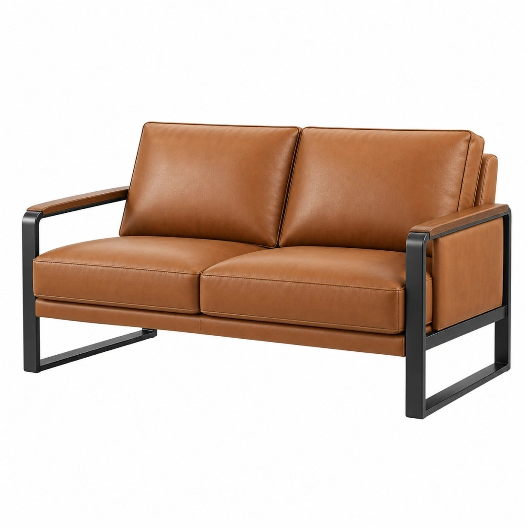 Sofá de 2 plazas 130 x 78 x 82 cm de cuero sintético marrón con estructura de metal estilo industrial