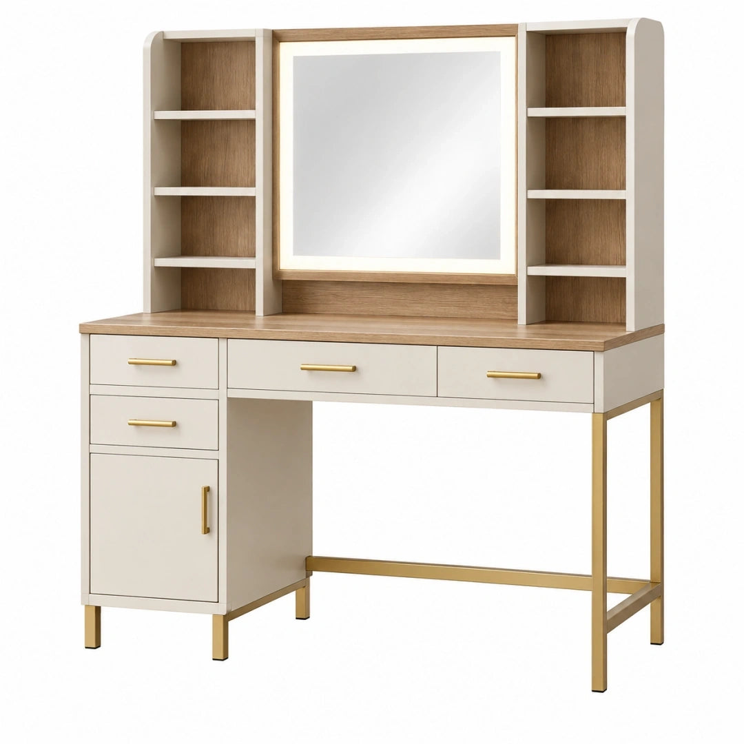 Tocador con espejo y estantes 120 x 50 x 160 cm en madera beige y marrón - almacenamiento para dormitorio