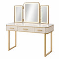 Tocador con espejo 120 x 45 x 145 cm de vidrio blanco y dorado con iluminación integrada y 3 cajones