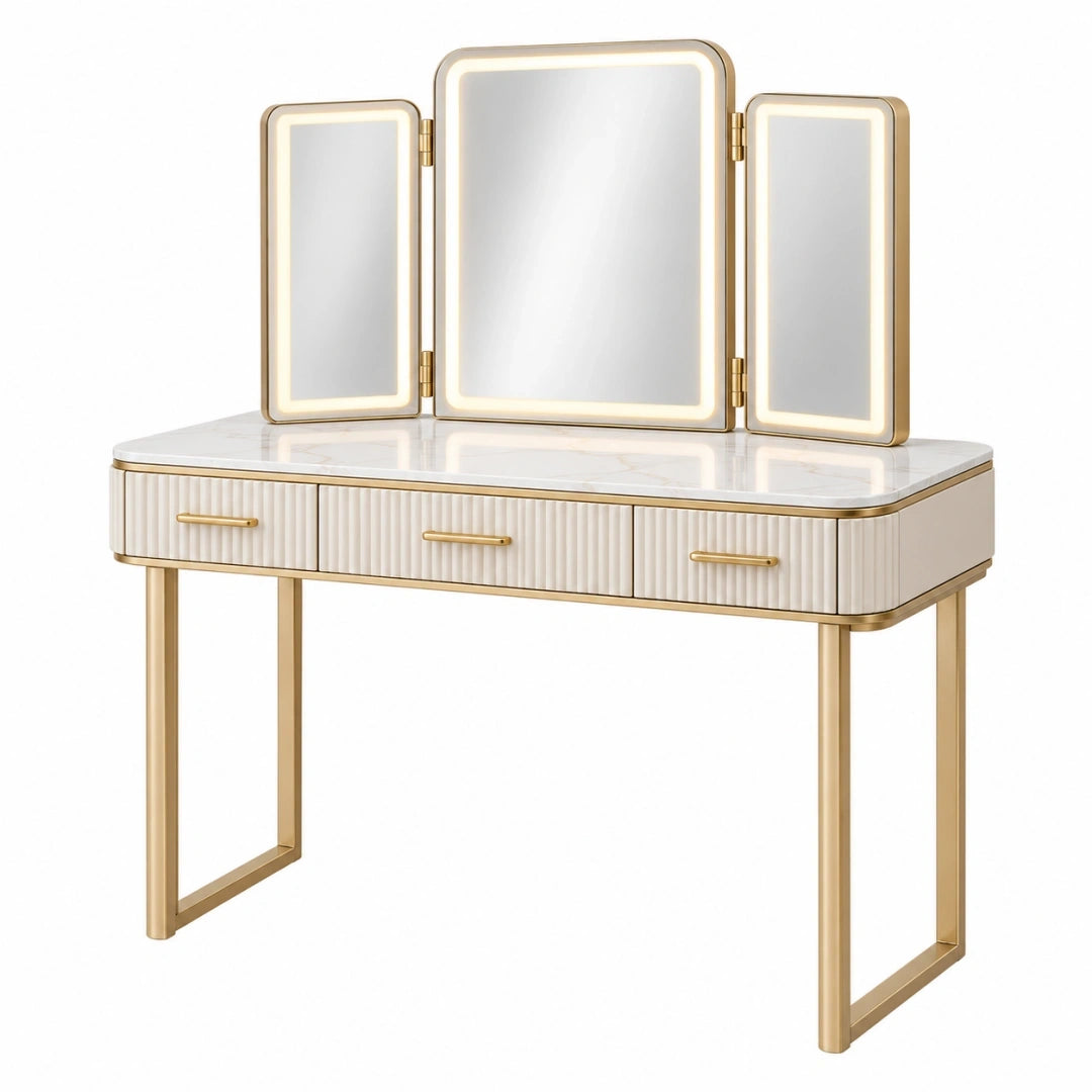 Tocador con espejo 120 x 45 x 145 cm de vidrio blanco y dorado con iluminación integrada y 3 cajones