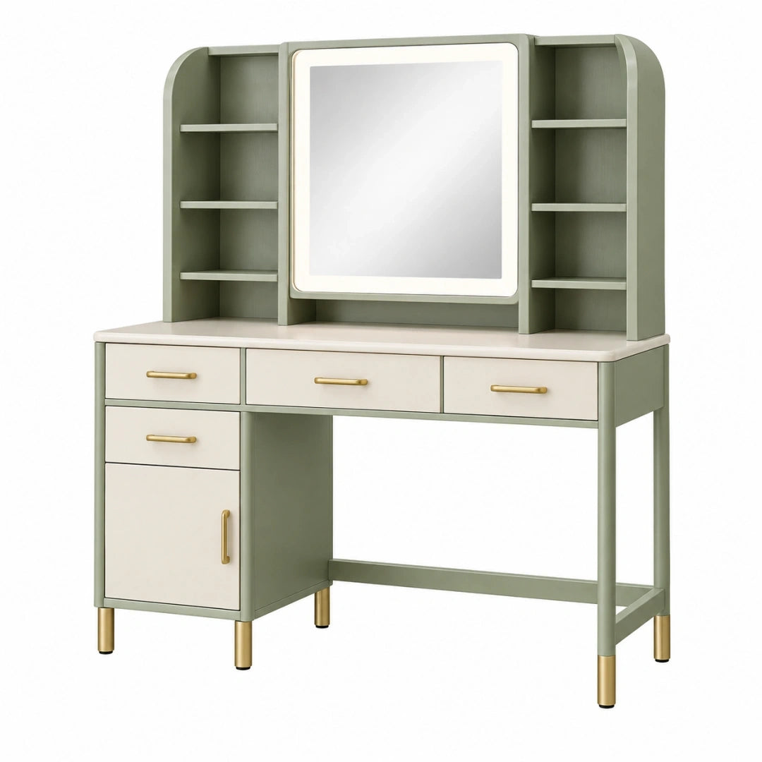 Tocador con espejo 120 x 50 x 160 cm de madera verde y blanco con cajones estilo moderno