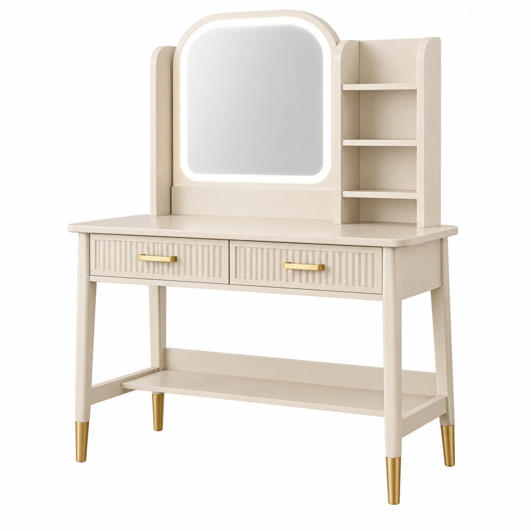 Tocador con espejo 100 x 45 x 160 cm de madera blanco roto y dorado con cajones y estantes estilo moderno
