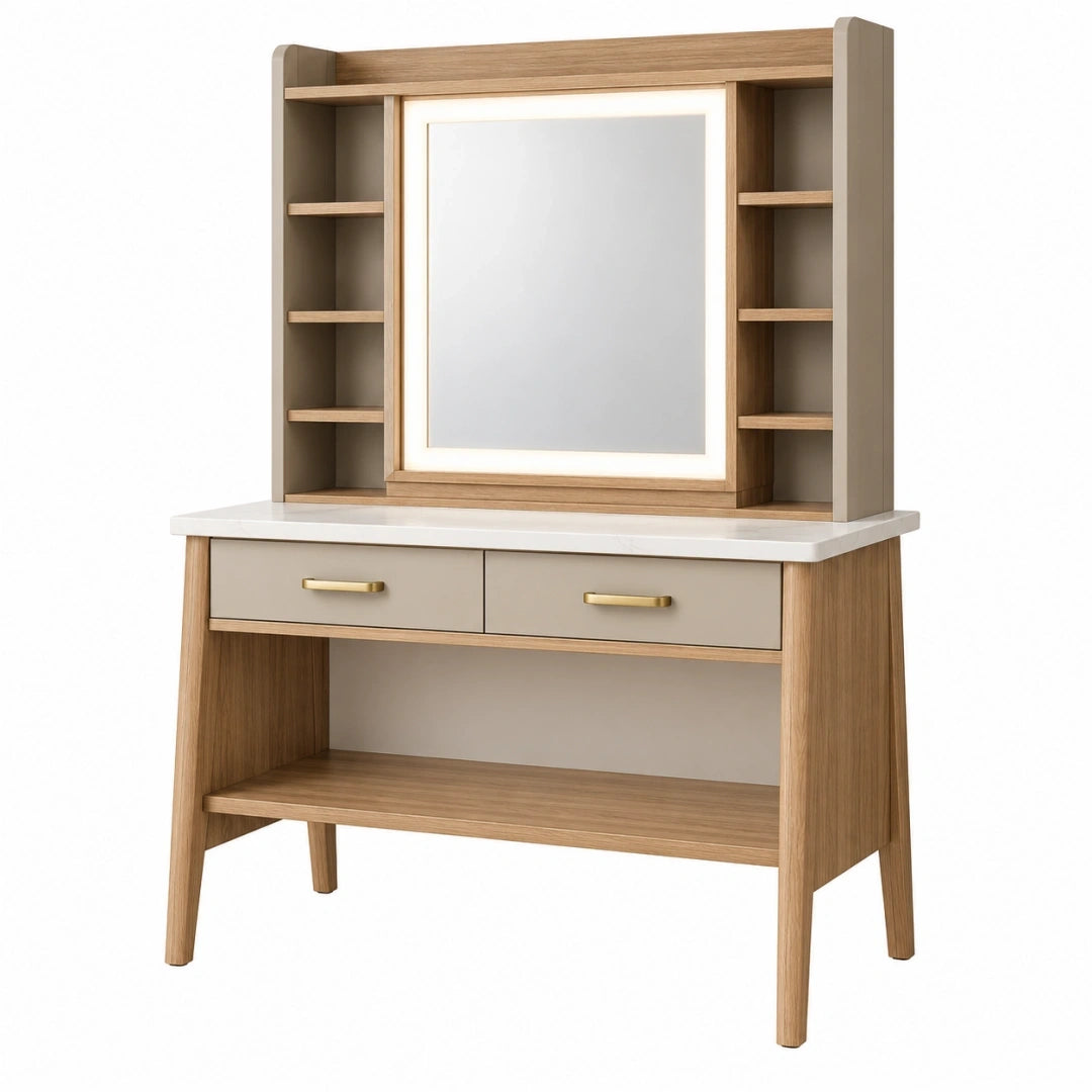 Tocador 100 x 45 x 170 cm de madera natural y blanco con espejo estantes estilo nórdico
