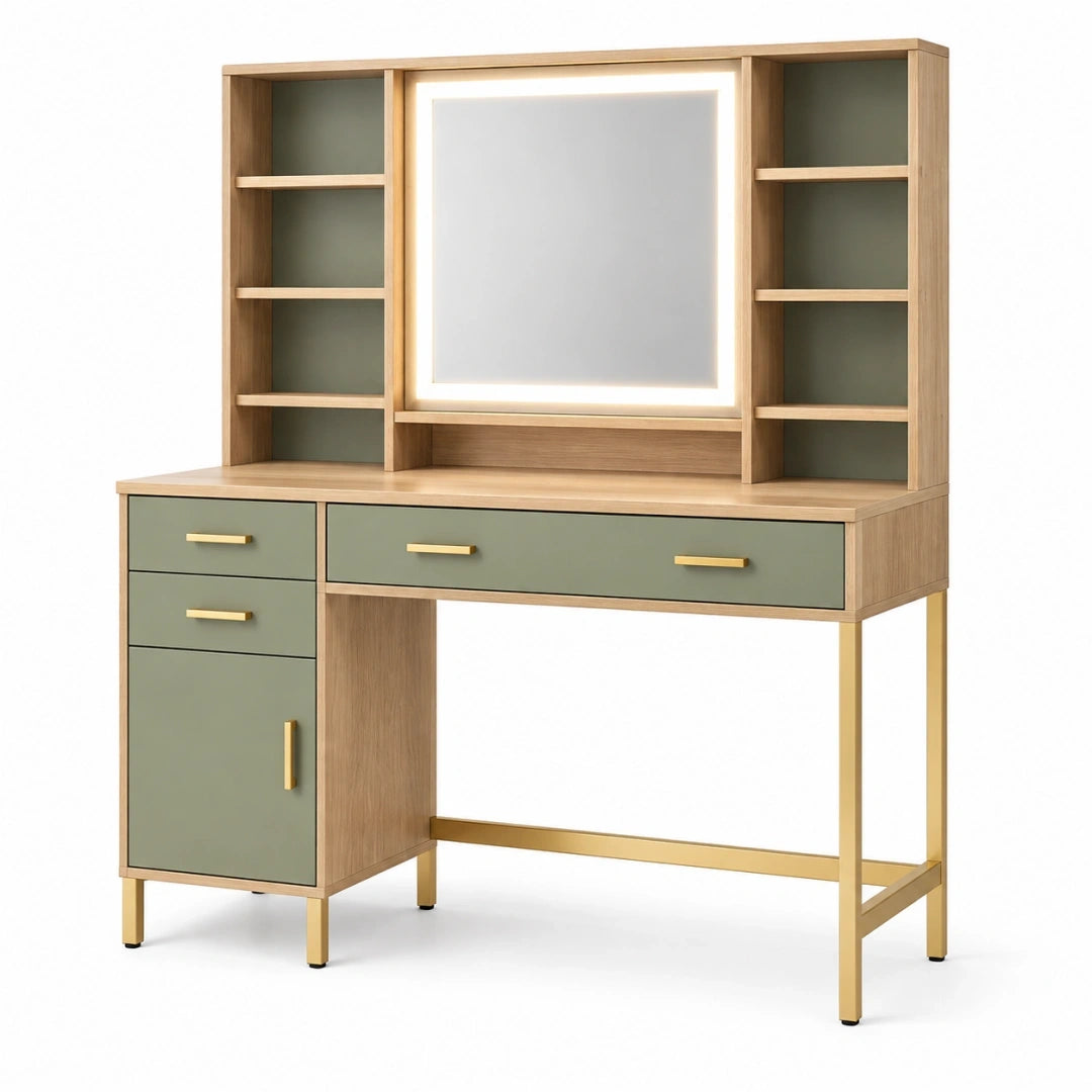 Tocador con espejo iluminado 120x50x150 cm de madera verde y natural con almacenaje
