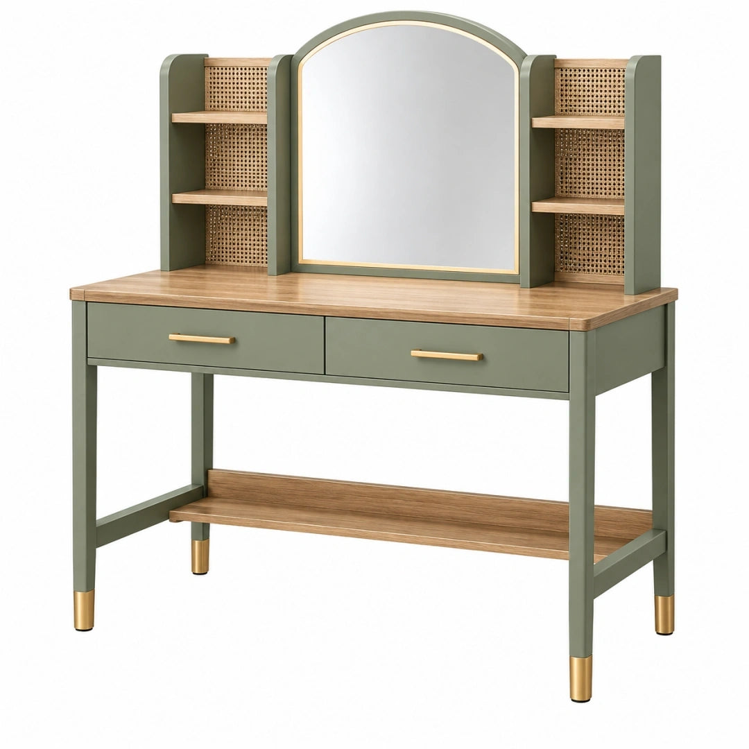 Tocador 120 x 45 x 150 cm de madera verde oliva con espejo y estantes de rejilla