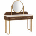 Tocador 120 x 45 x 140 cm con espejo redondo madera marrón y metal dorado estilo moderno
