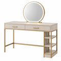 Tocador con espejo 120 x 45 x 140 cm en madera beige y metal dorado con cajones y estantes