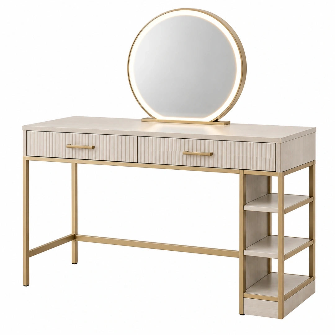 Tocador con espejo 120 x 45 x 140 cm en madera beige y metal dorado con cajones y estantes