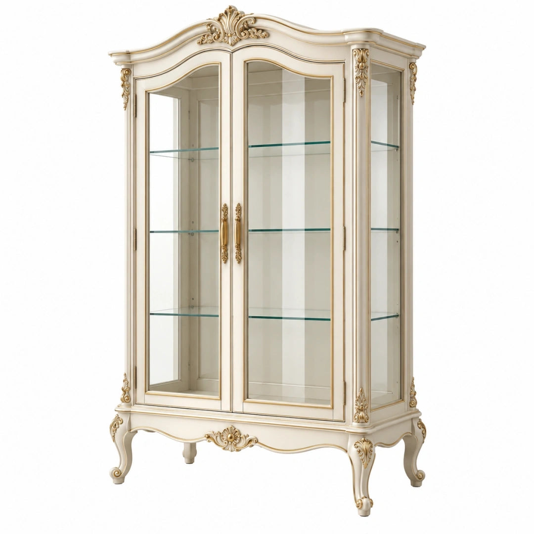 Vitrina 120 x 45 x 200 cm de madera y vidrio crema dorado estilo clásico