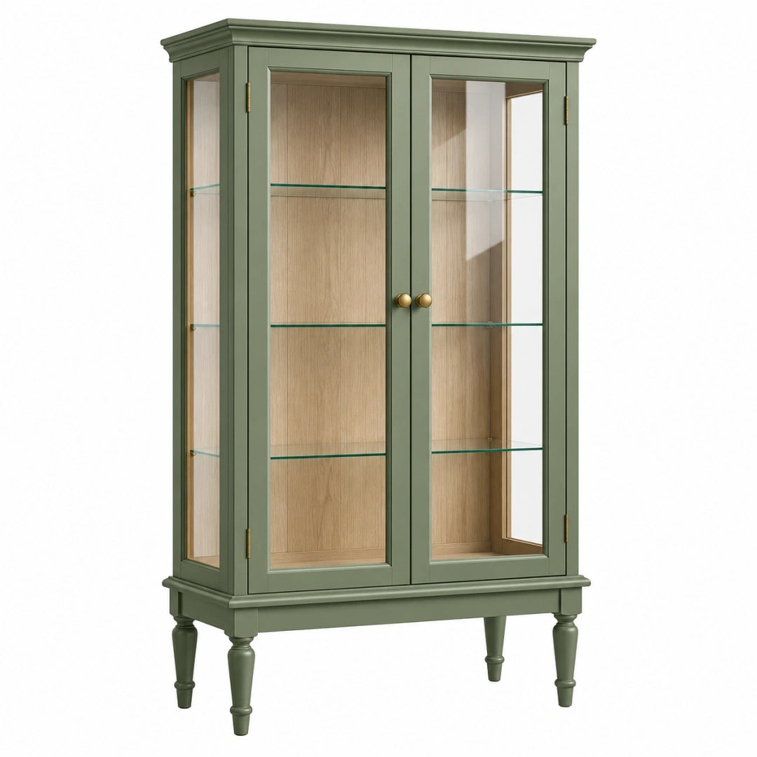 Vitrina 90 x 40 x 180 cm de madera verde con puertas de cristal - estilo clásico