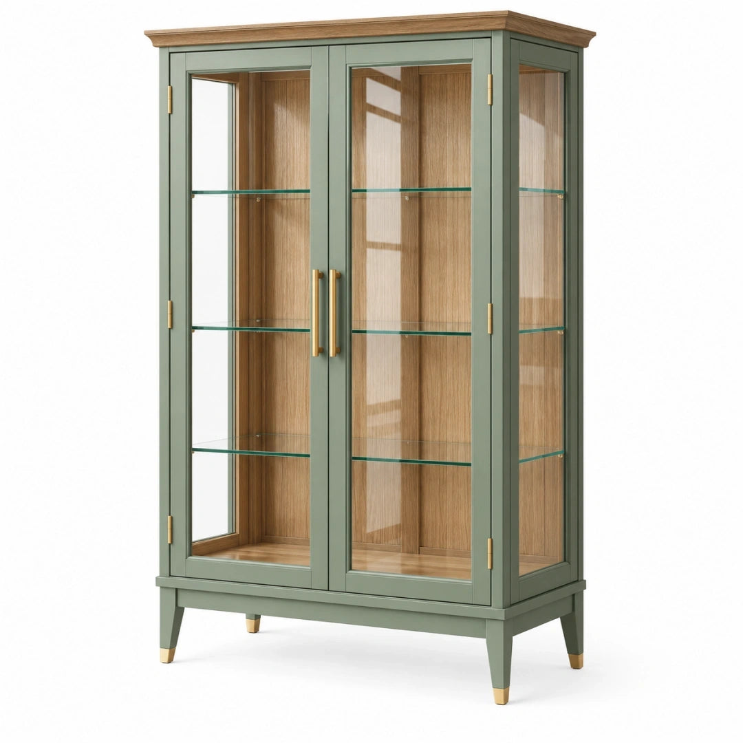 Vitrina 90 x 40 x 180 cm de madera y vidrio verde con 2 puertas estilo clásico