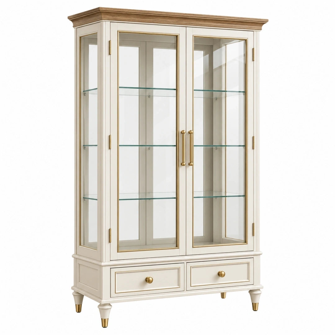 Vitrina 100 x 40 x 180 cm de madera y vidrio crema estilo clásico con cajones