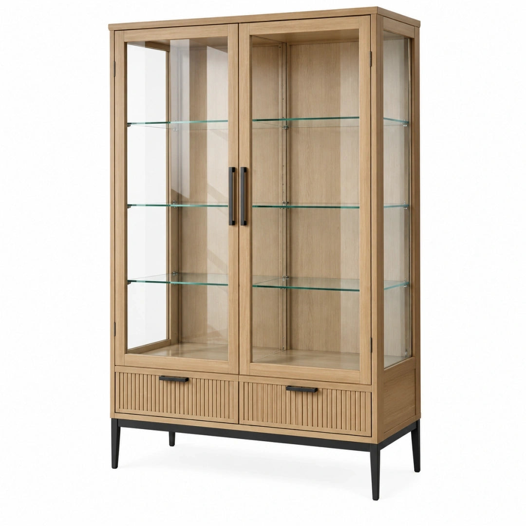 Vitrina 90 x 40 x 180 cm de madera y vidrio natural con puertas y cajones estilo moderno